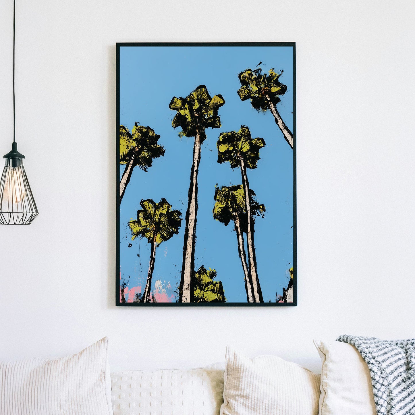 graphic palm tree wall art with bright blue sky