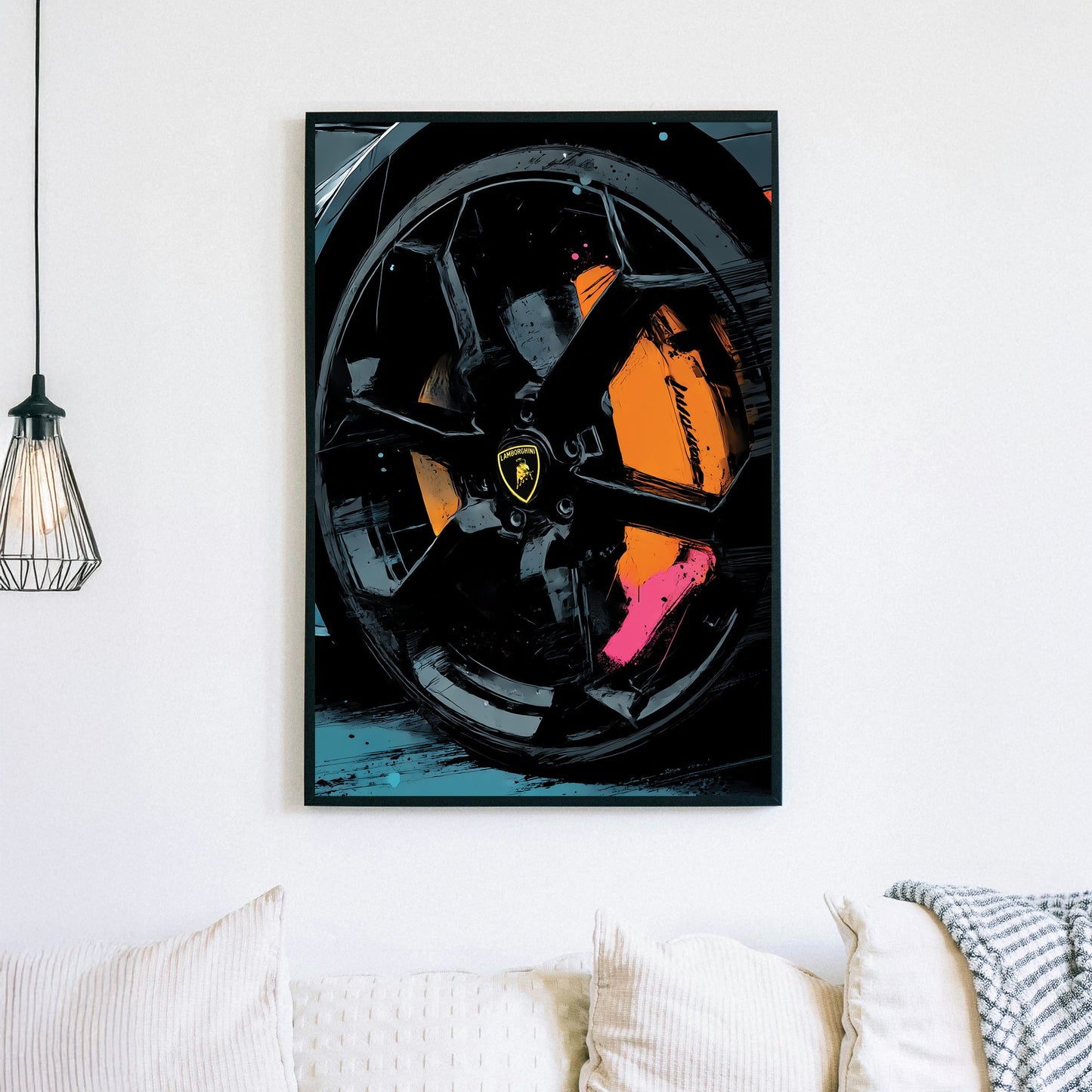 close-up Lamborghini wheel wall art with orange and pink abstract accents