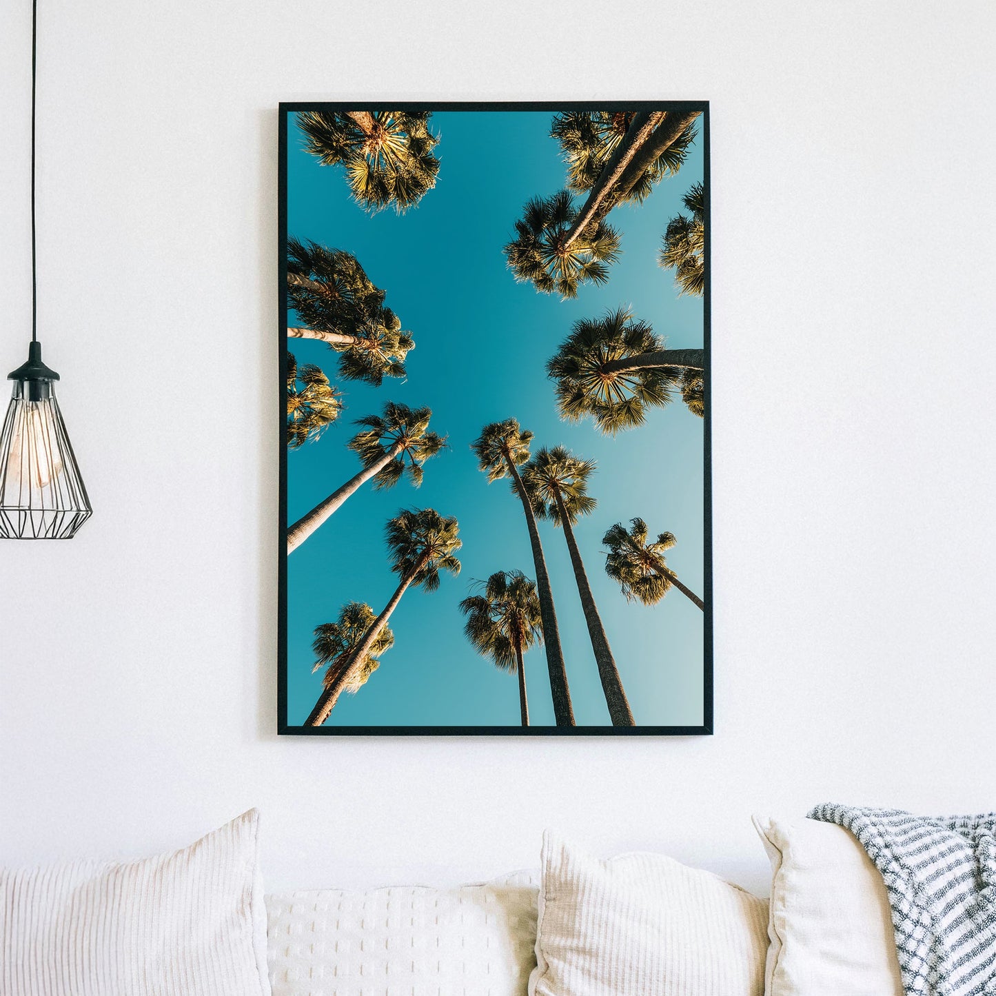 tall palm trees blue sky golden hour wall art