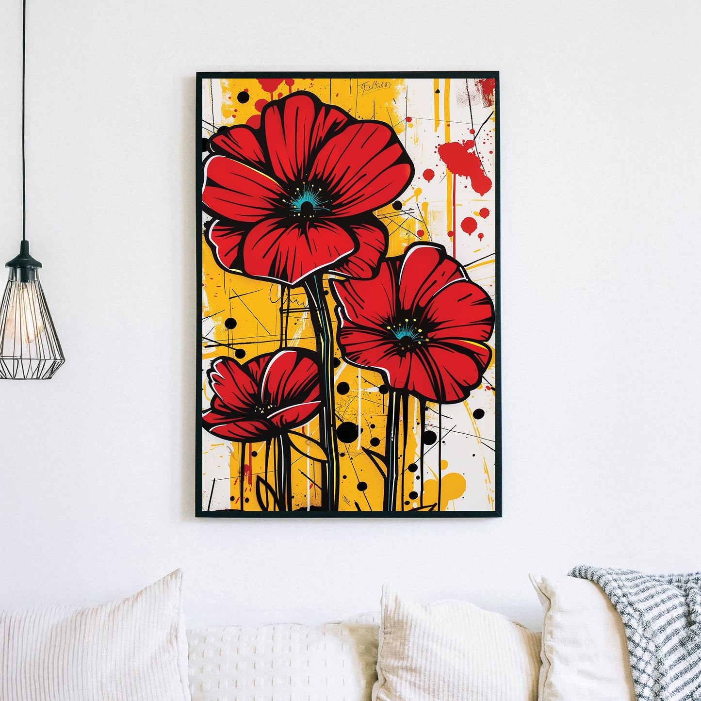 bold floral wall art with red poppies on graffiti-style yellow background