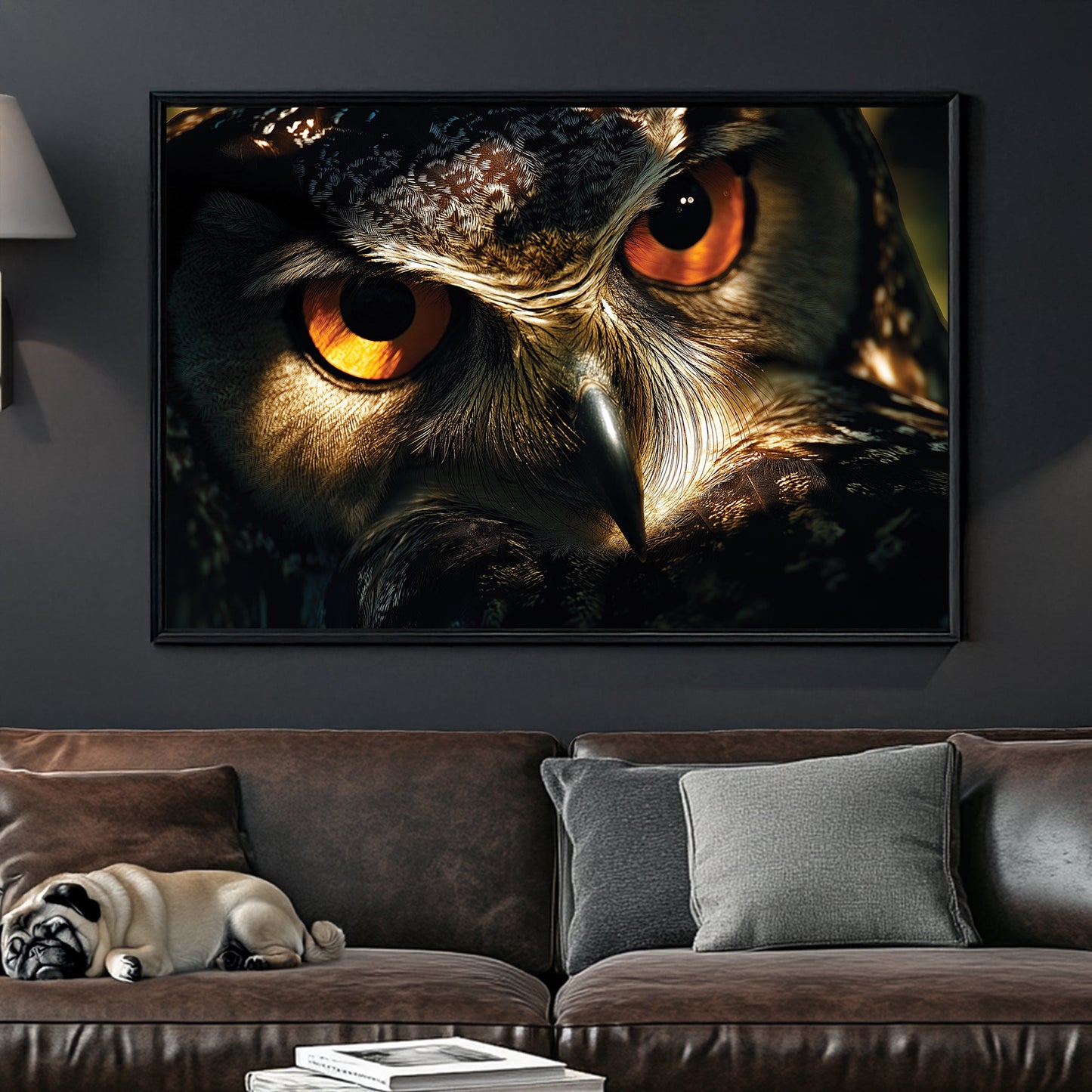 close-up owl eyes wall art with sharp feathers and dramatic lighting