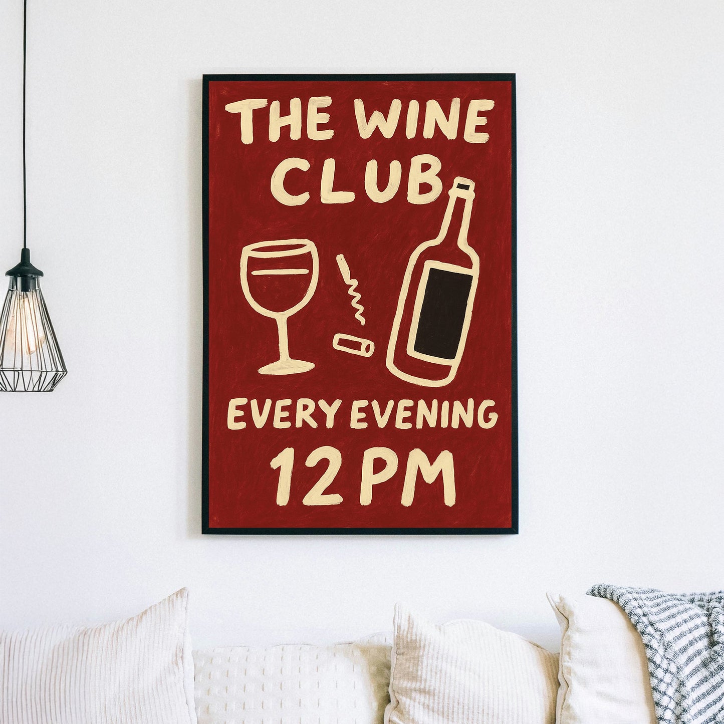 playful wine-themed wall art with bold handwritten text and bottle illustration