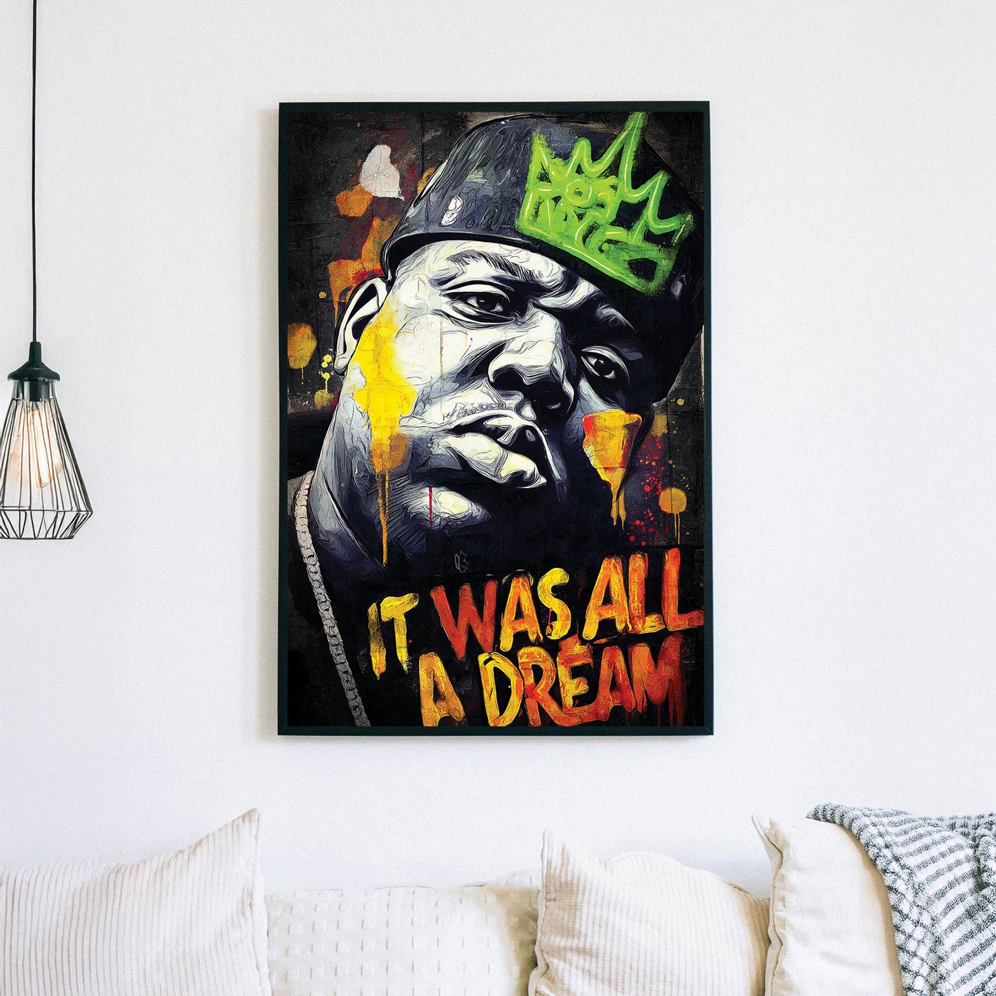 graffiti-style hip-hop wall art with Biggie portrait and bold lettering
