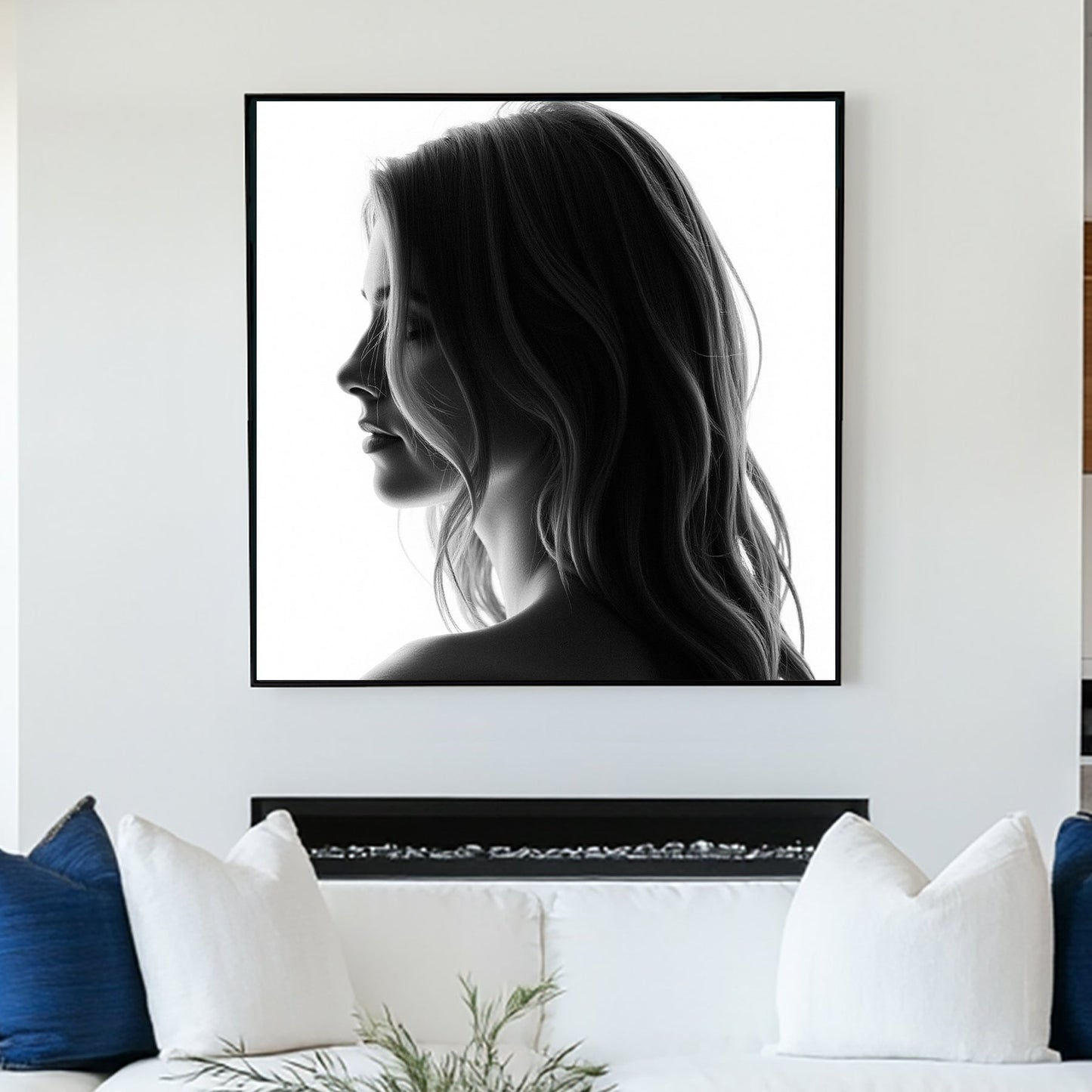 black and white minimalist wall art featuring female silhouette in soft light