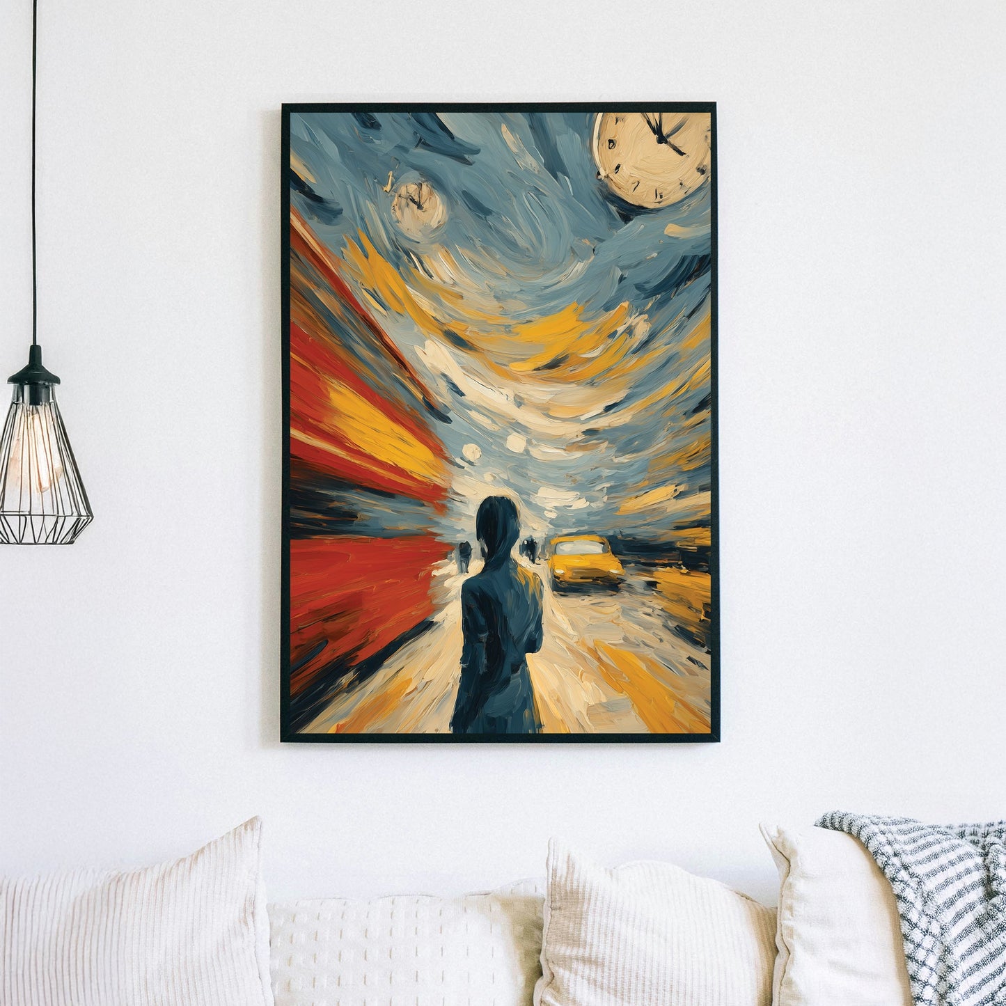 abstract rush hour city scene wall art with swirling colours and clocks