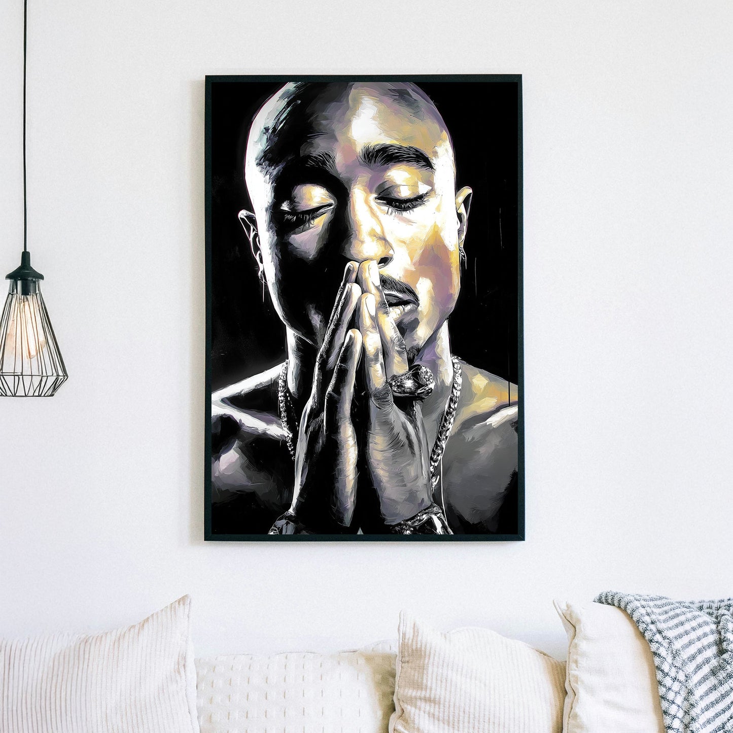 black and white Tupac portrait wall art of rapper in prayer pose
