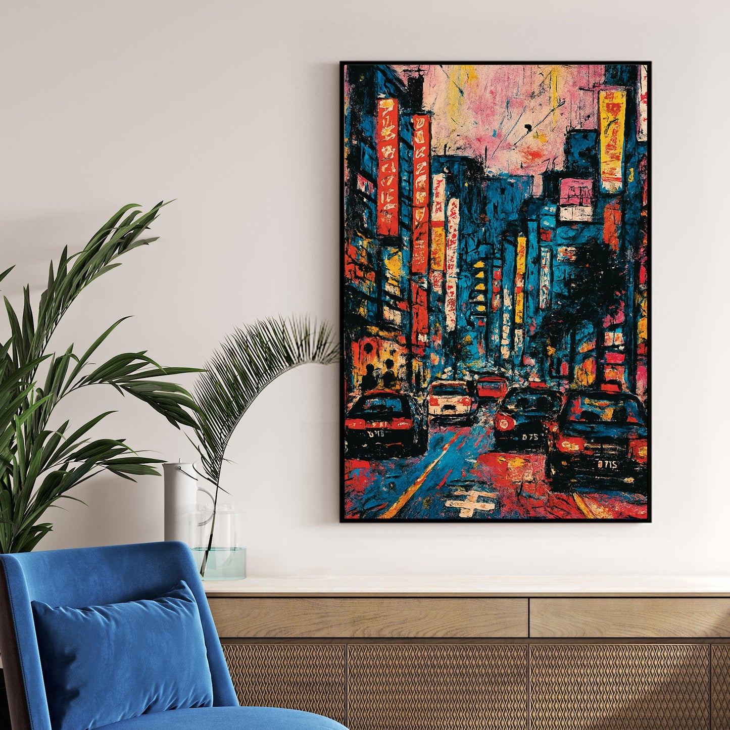 colourful neon city street at night with taxis and glowing signs wall art