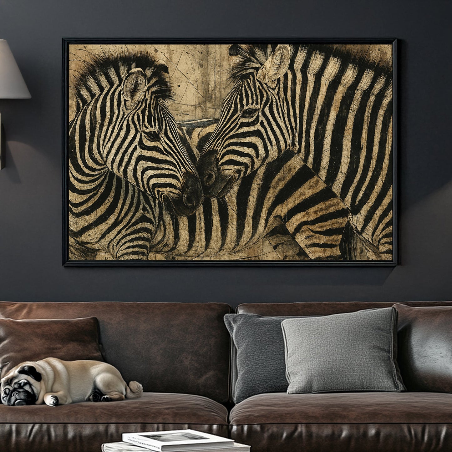 two zebras nuzzling with textured background wall art