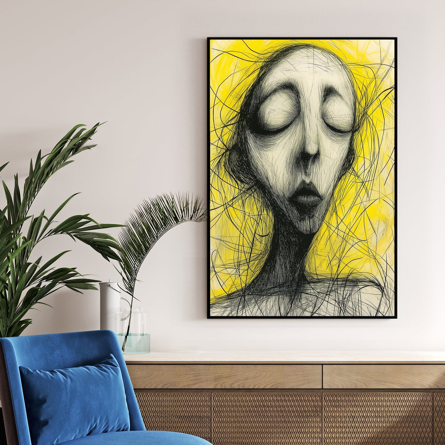 abstract black and yellow sketch of closed-eyed figure wall art