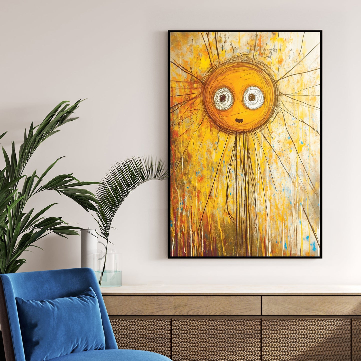 quirky cartoon-style sun with expressive eyes in abstract yellow wall art