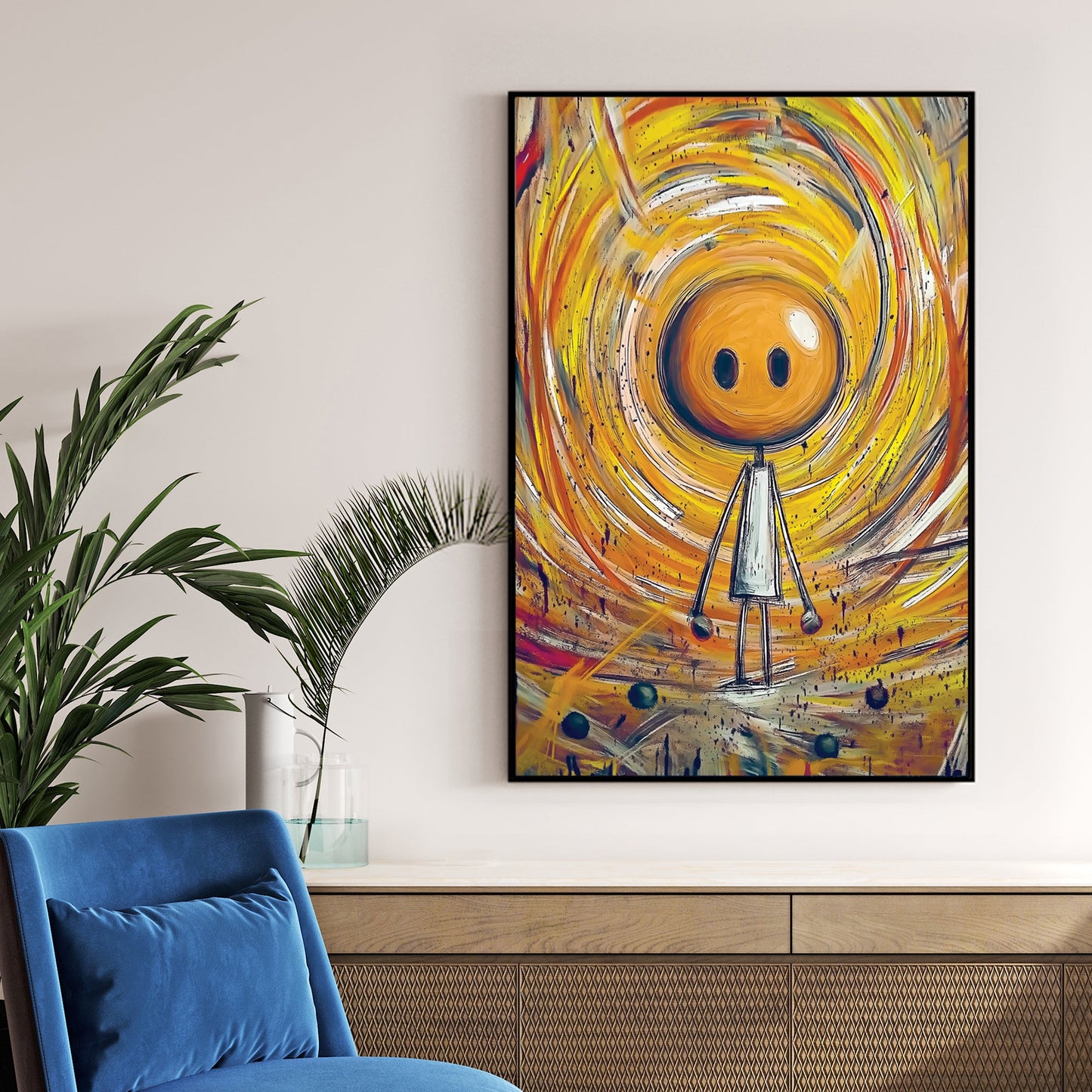 whimsical stick figure in swirling yellow orange abstract background wall art