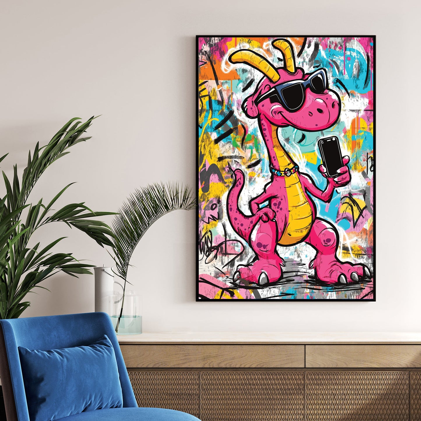 pink cartoon dinosaur holding phone in graffiti background wall art
