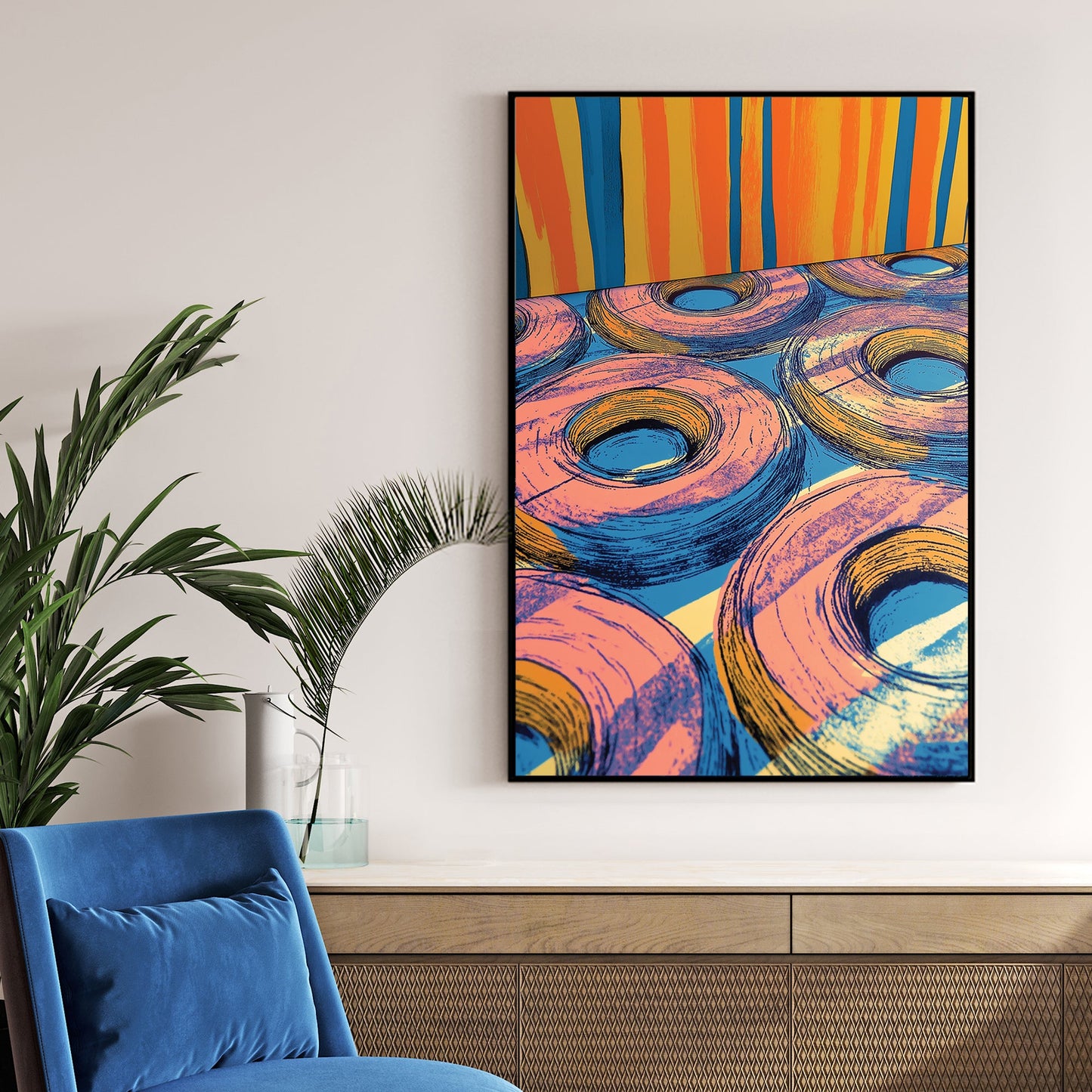 pop art inspired donuts and colourful striped background wall art