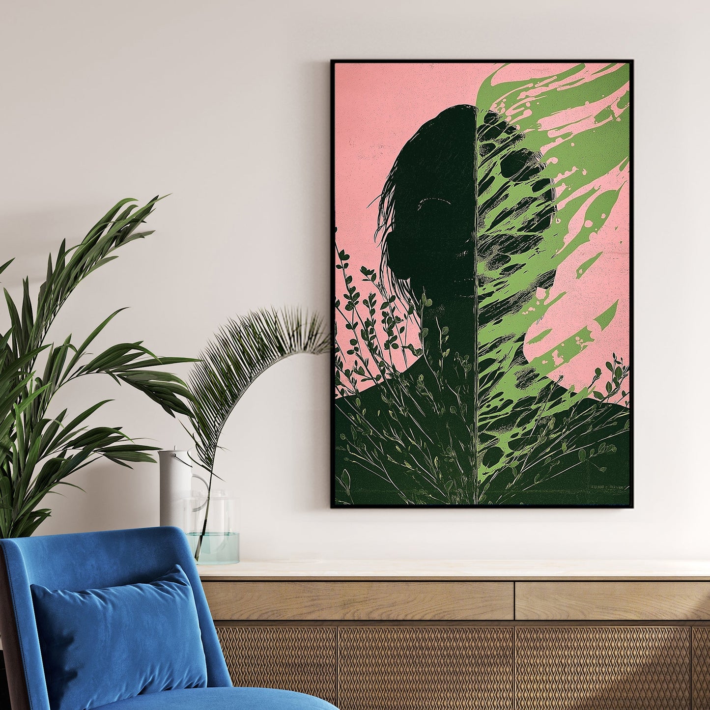 surreal split silhouette with green foliage and pink background wall art