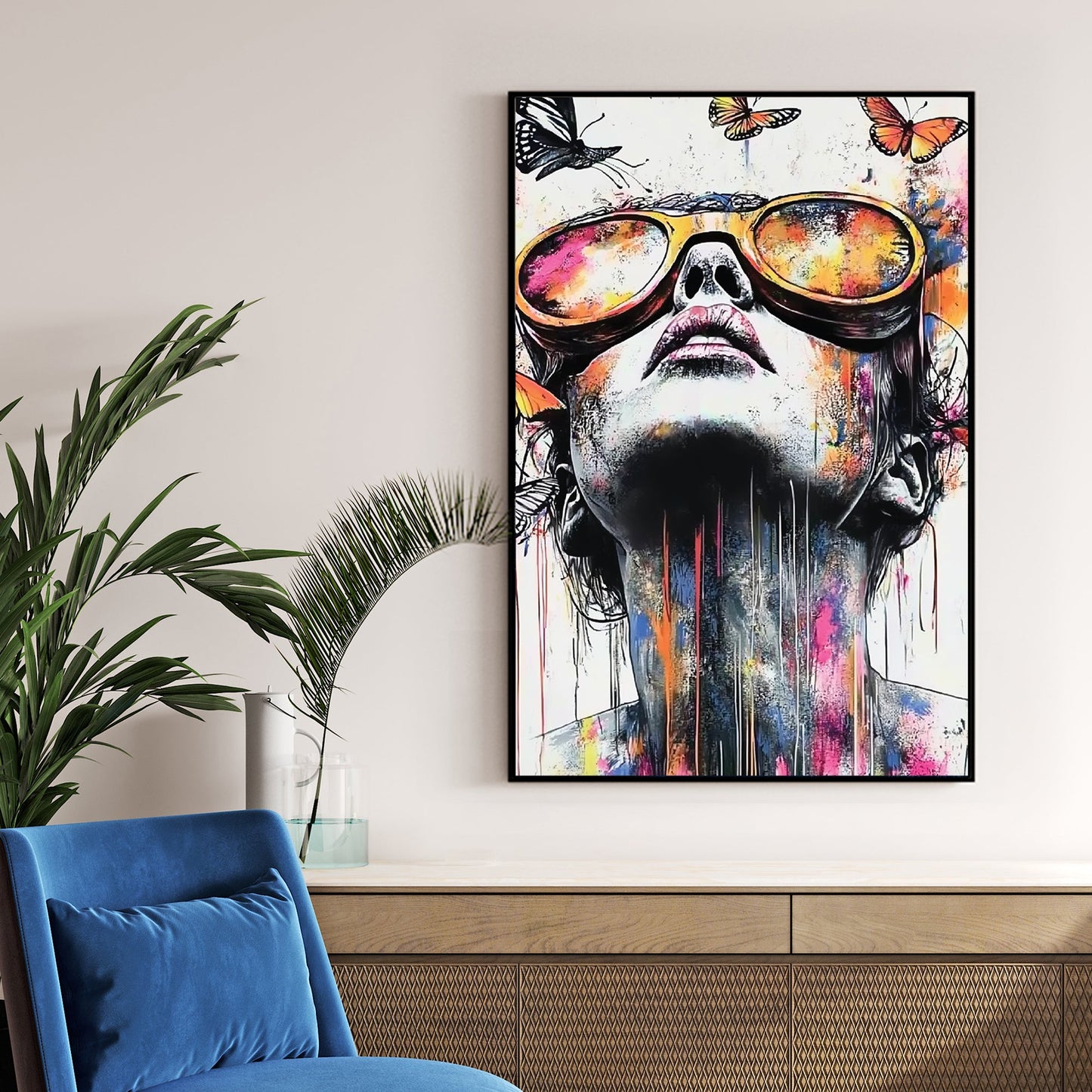 colourful portrait of woman in sunglasses with butterflies and paint splashes wall art