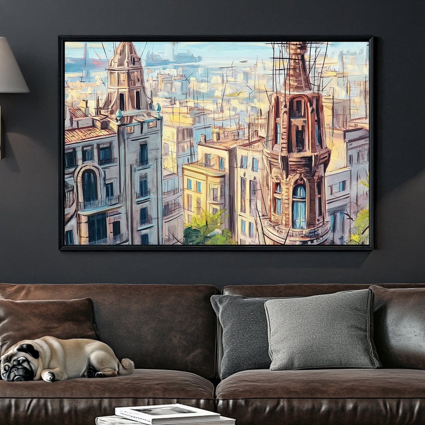 painterly view of historic European city rooftops with spires wall art