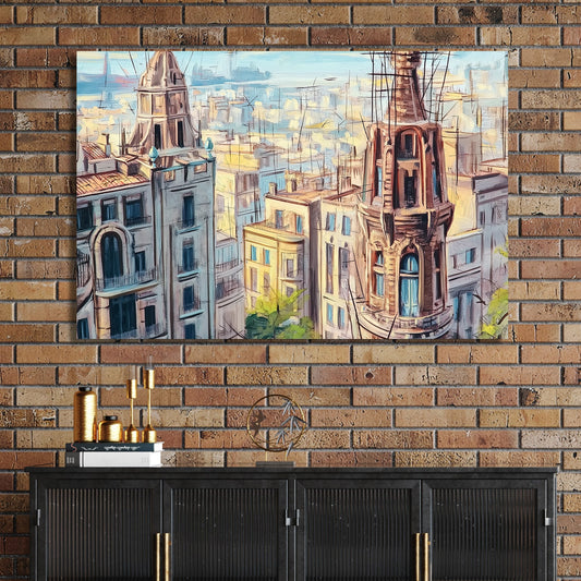 painterly view of historic European city rooftops with spires wall art