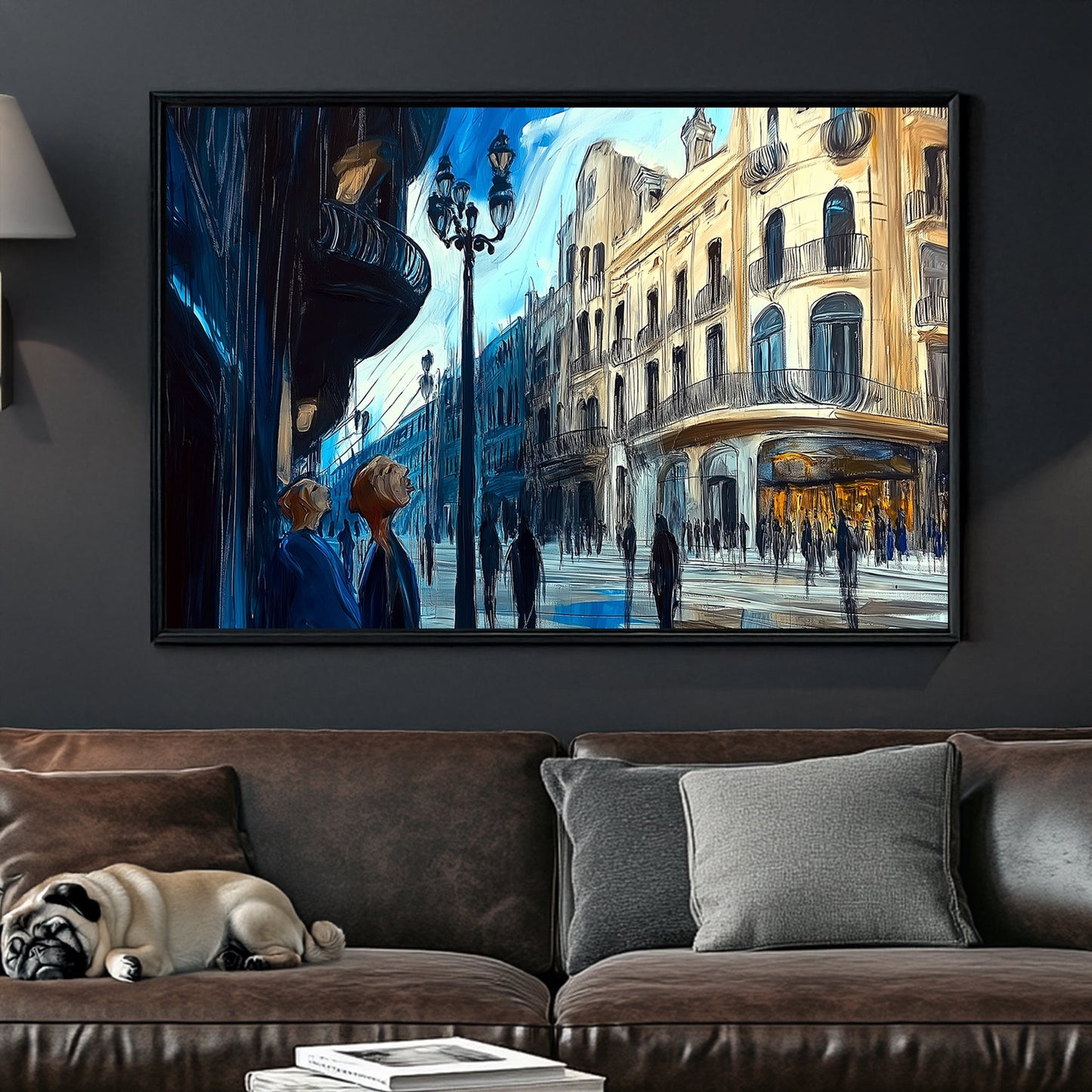 impressionist city street with glowing buildings and blue-toned figures wall art