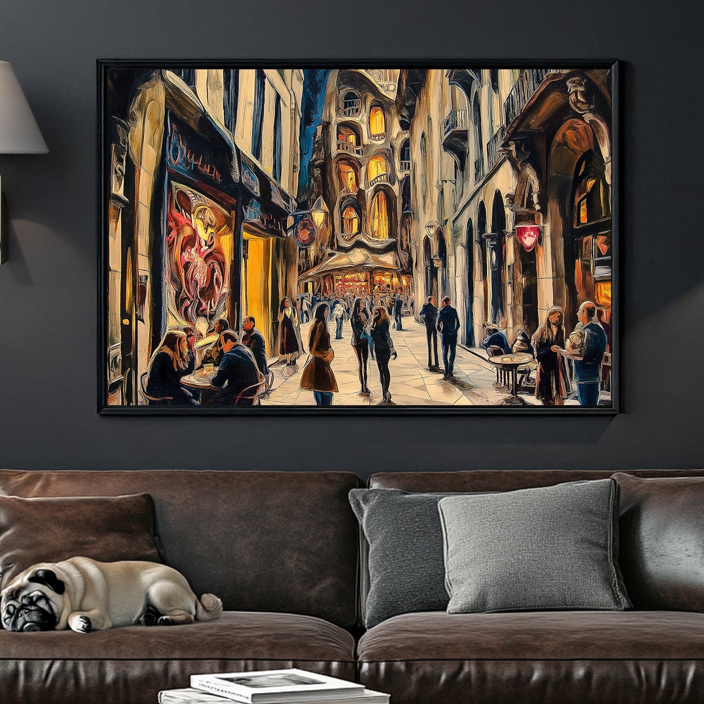 romantic city street scene with glowing cafés and surreal building at night wall art