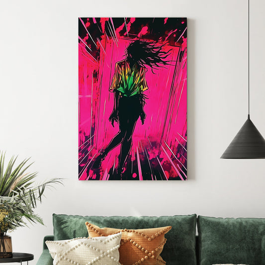 dark silhouette falling through vibrant neon pink tunnel wall art