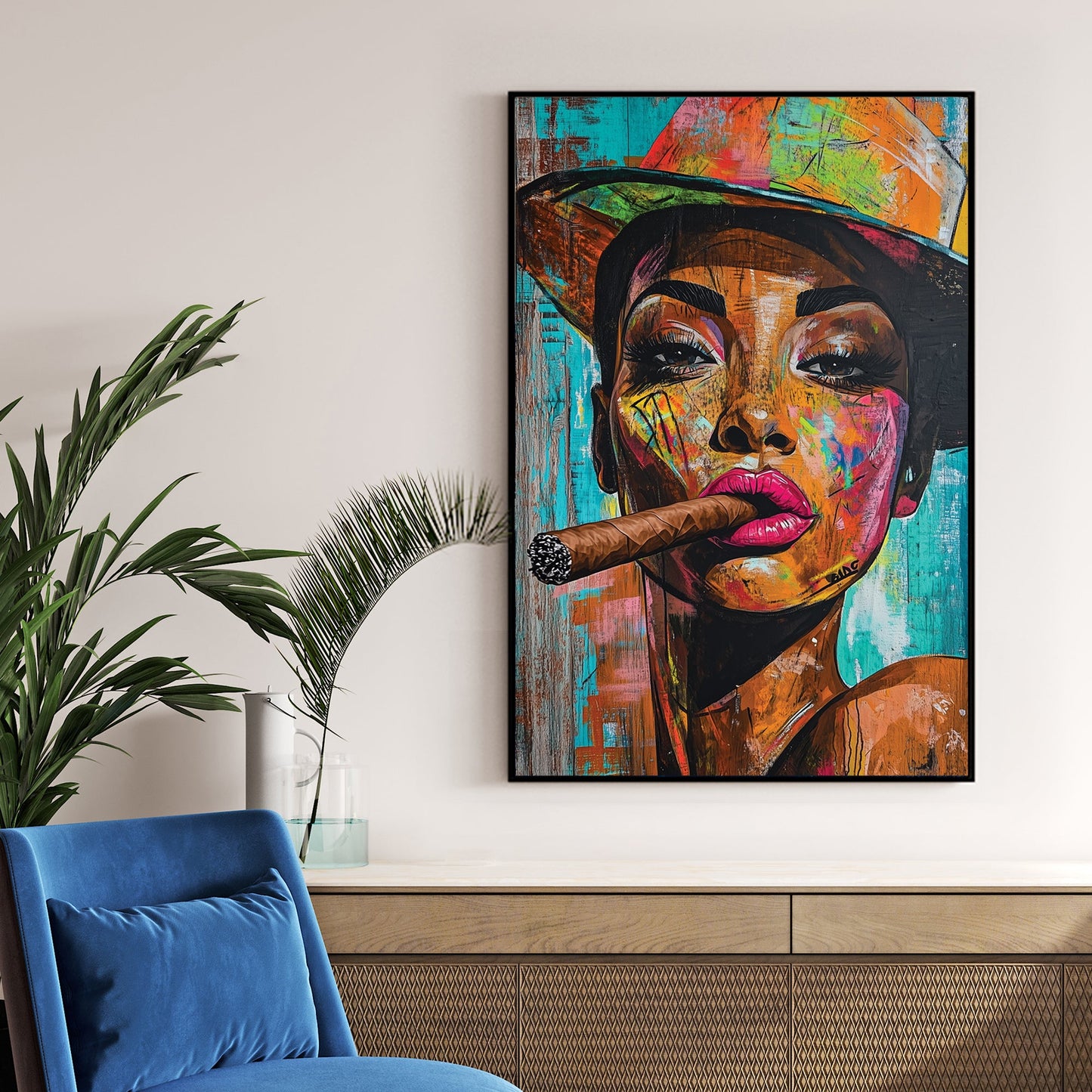 colourful graffiti-style portrait of woman in hat with cigar wall art