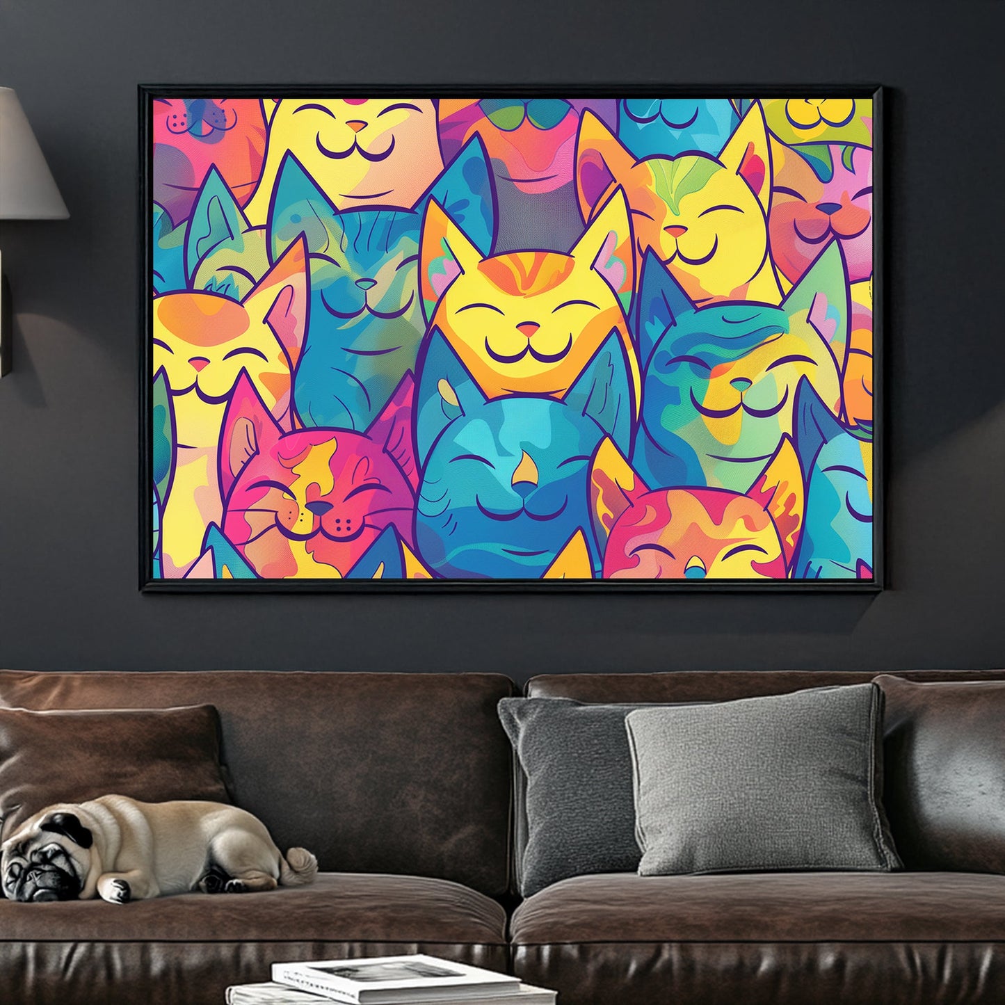 colourful pop art cartoon cats pattern with smiling faces wall art