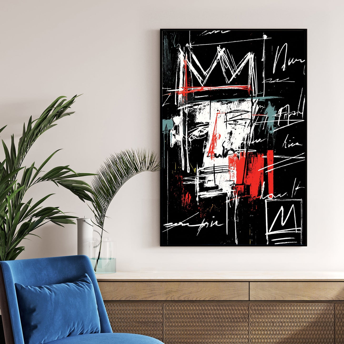 graffiti-style abstract face with crown and scribbled text wall art