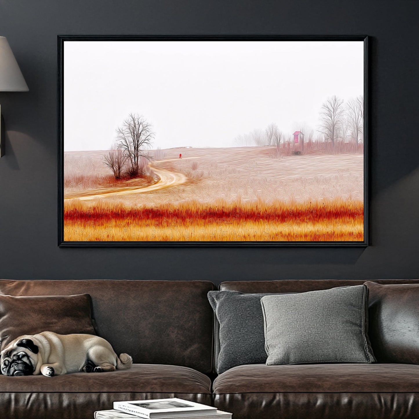 misty countryside landscape with winding path and lone figure wall art