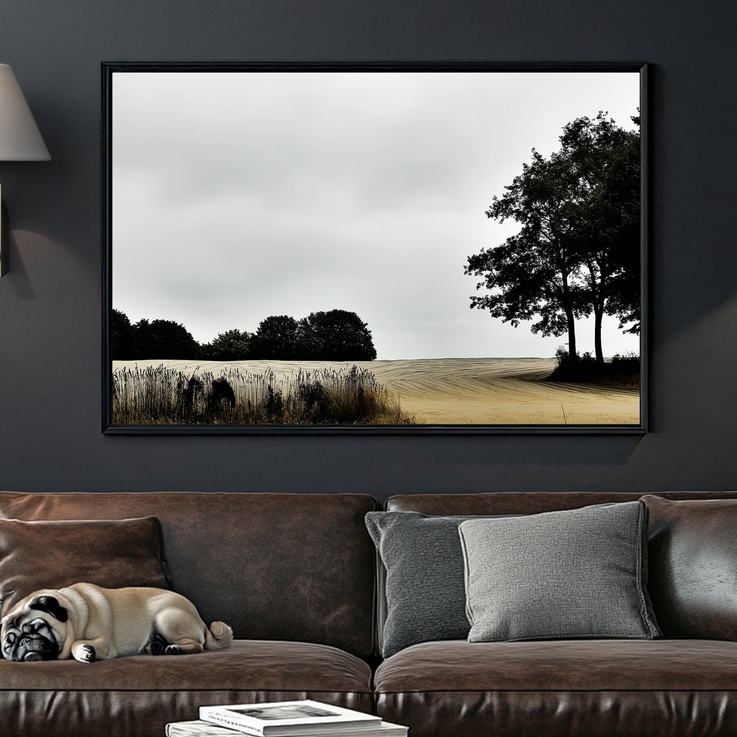 moody rural landscape with trees and curved farmland under grey sky wall art