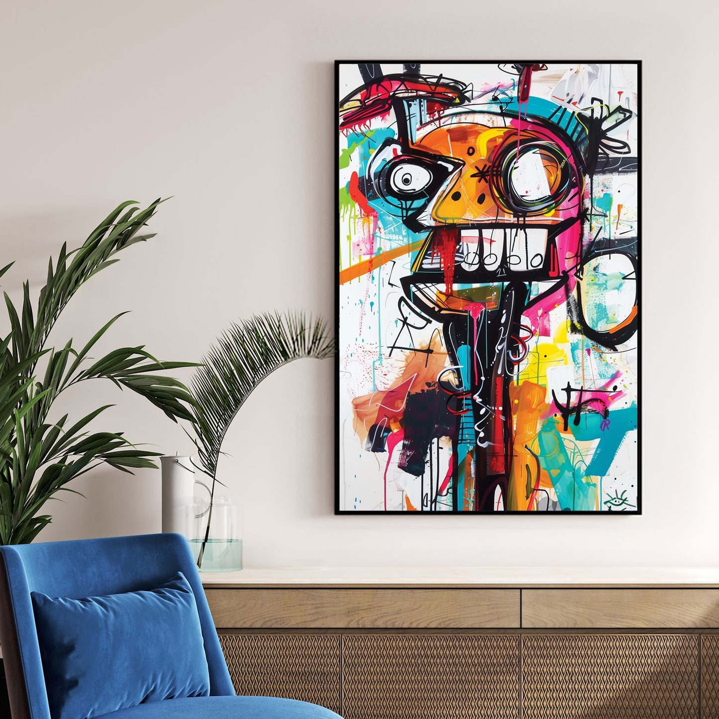 chaotic abstract face in neon graffiti style with bold lines and colour wall art