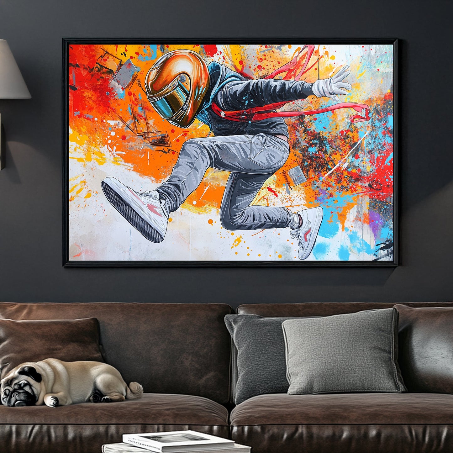 dynamic street-style artwork of person in helmet mid-jump with paint explosion wall art
