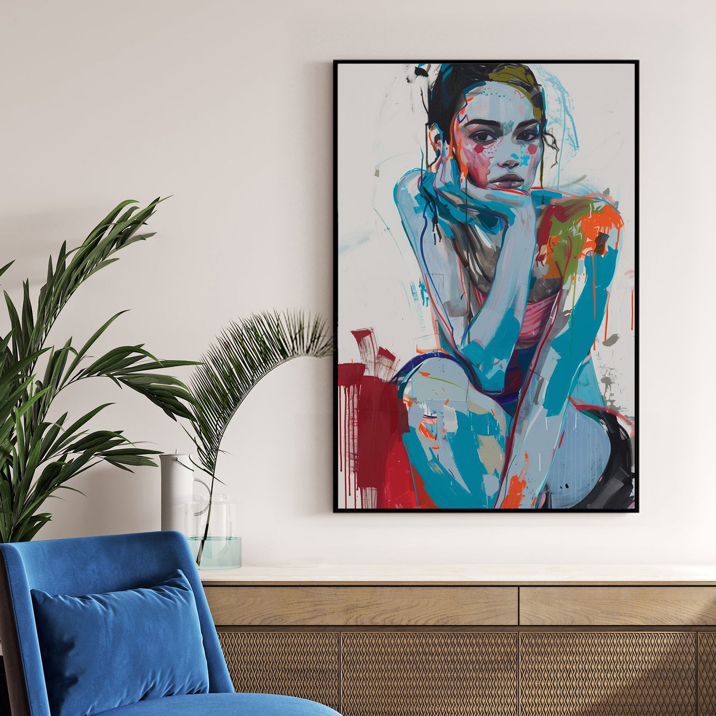 contemporary abstract portrait of woman sitting with chin on hand in bold blue and red