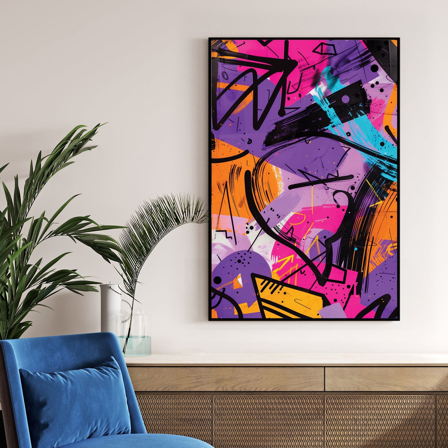 colourful graffiti style abstract wall art in purple, pink, and orange