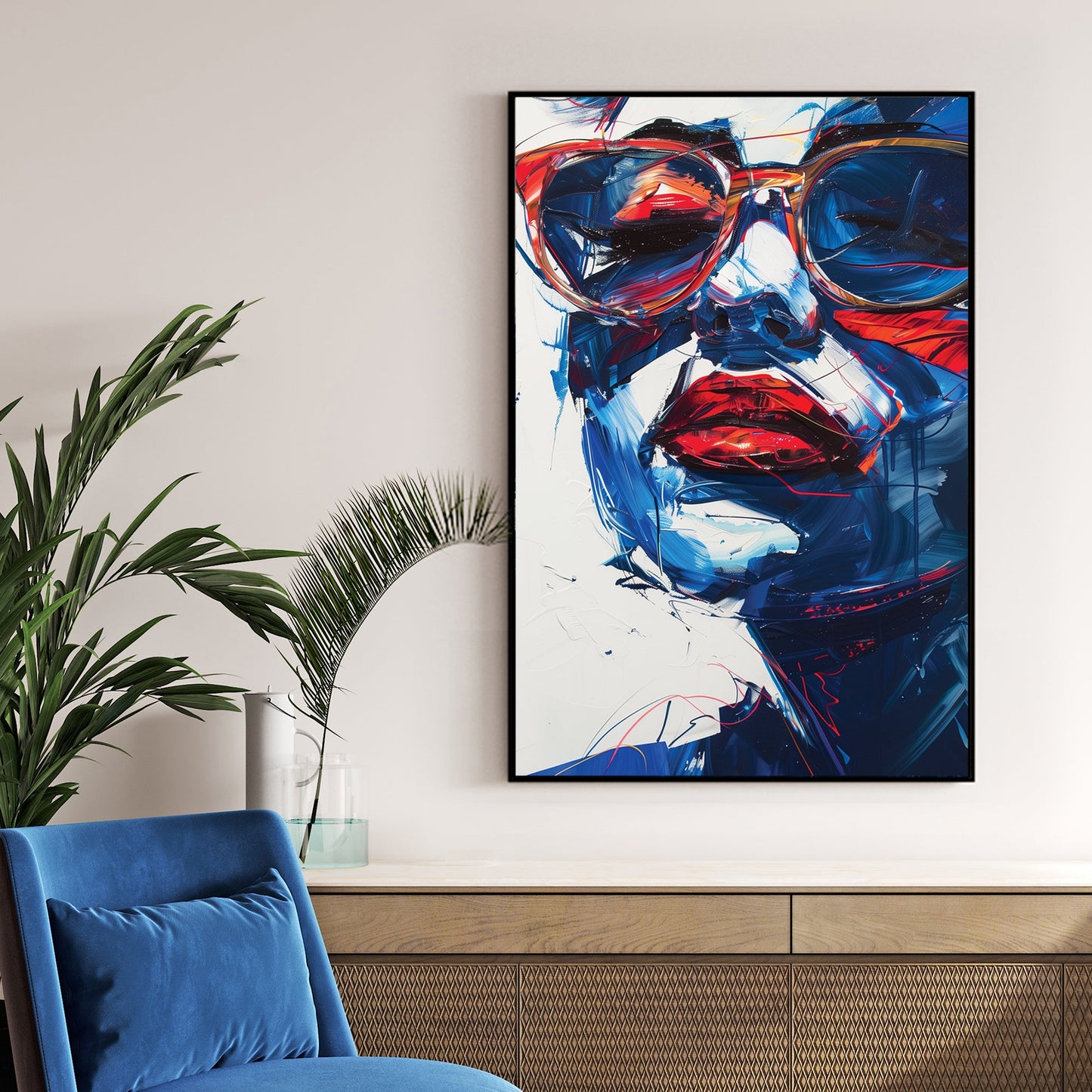 abstract woman with sunglasses wall art in red and blue tones