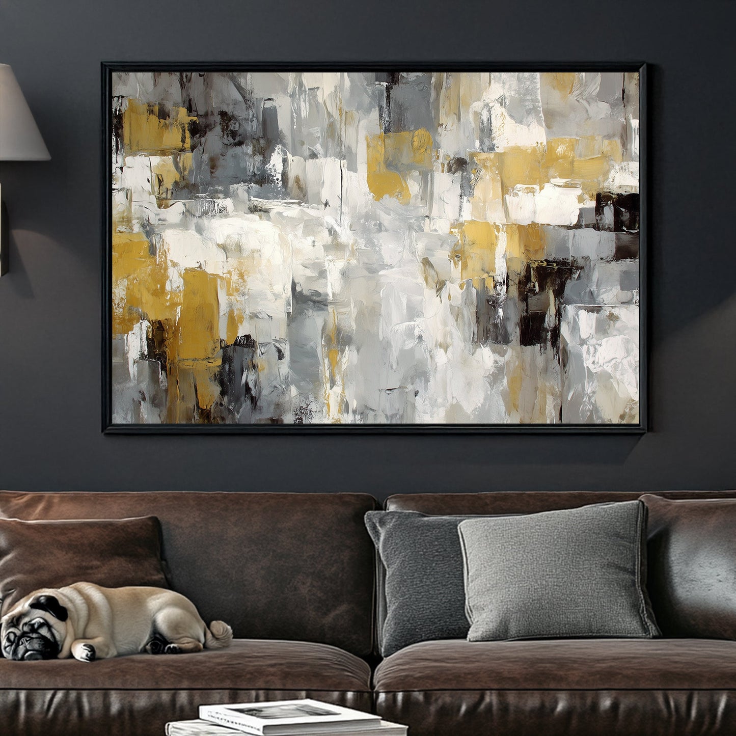 neutral abstract wall art in grey, white, and gold tones