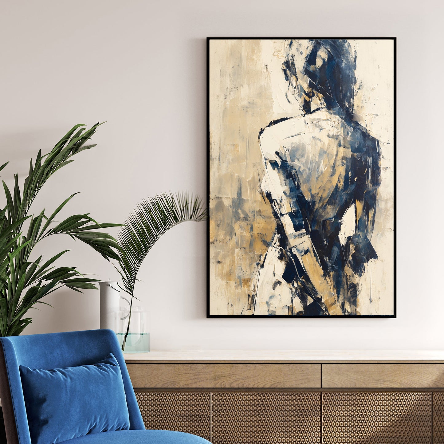 abstract wall art of a woman in blue and beige tones