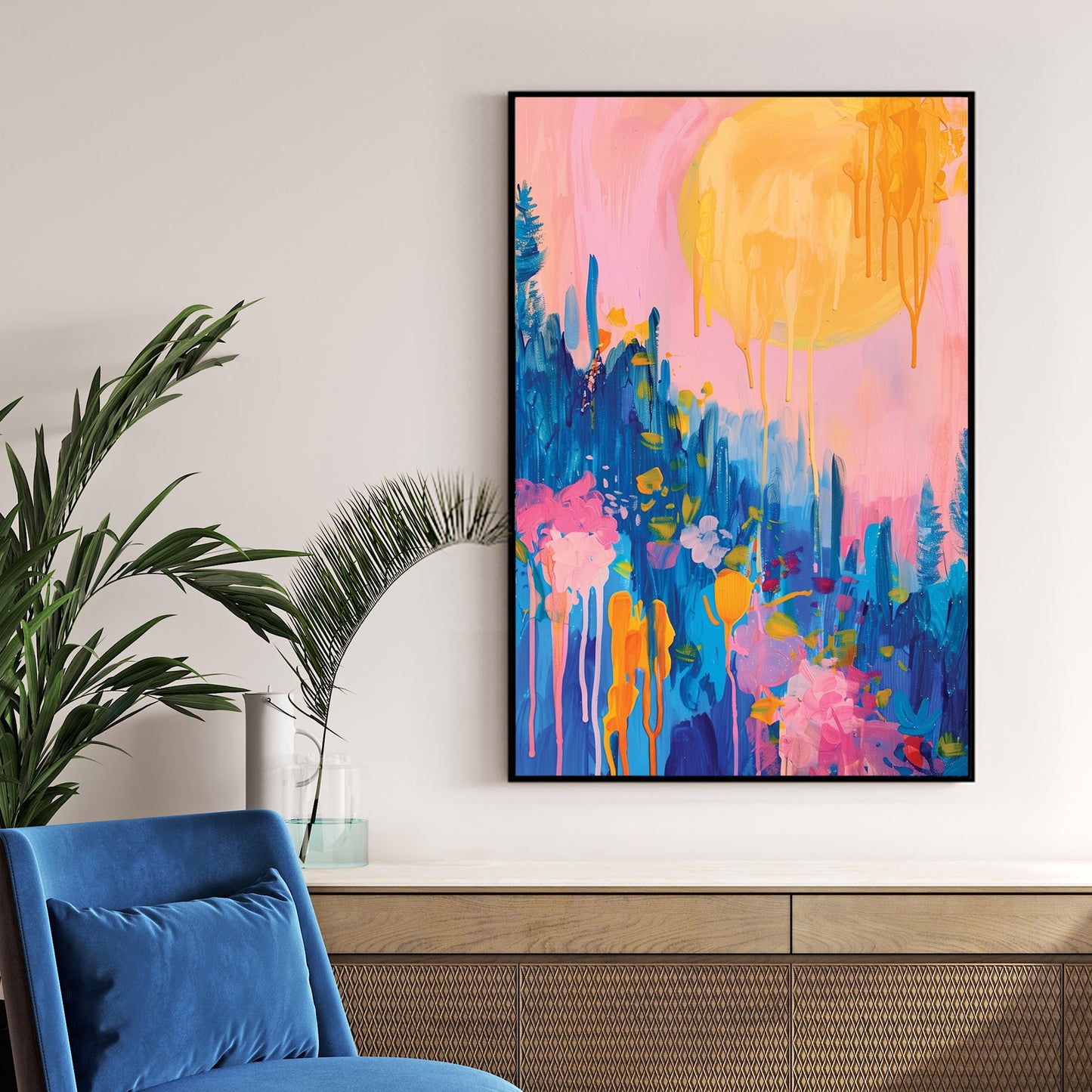 abstract floral sunrise wall art in pink, blue, and orange
