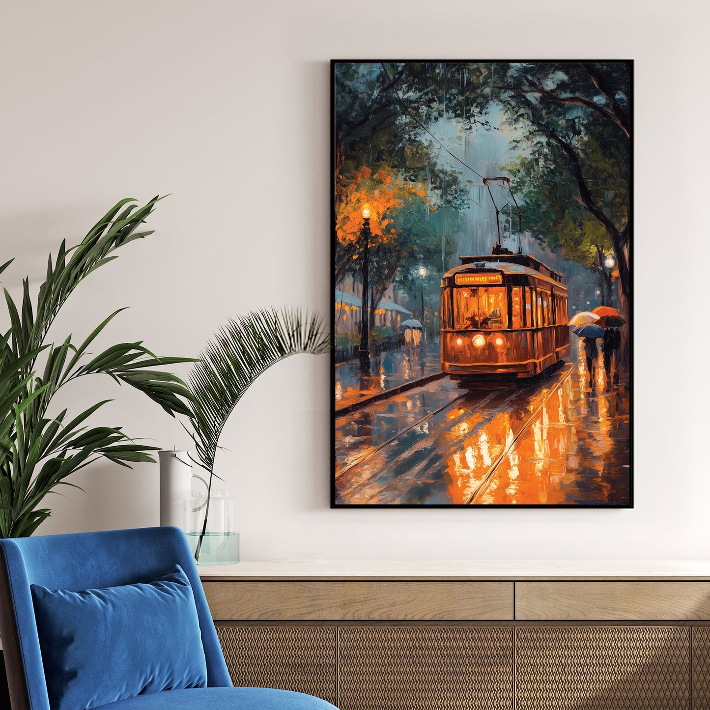 rainy night streetcar scene wall art with glowing lights and umbrellas