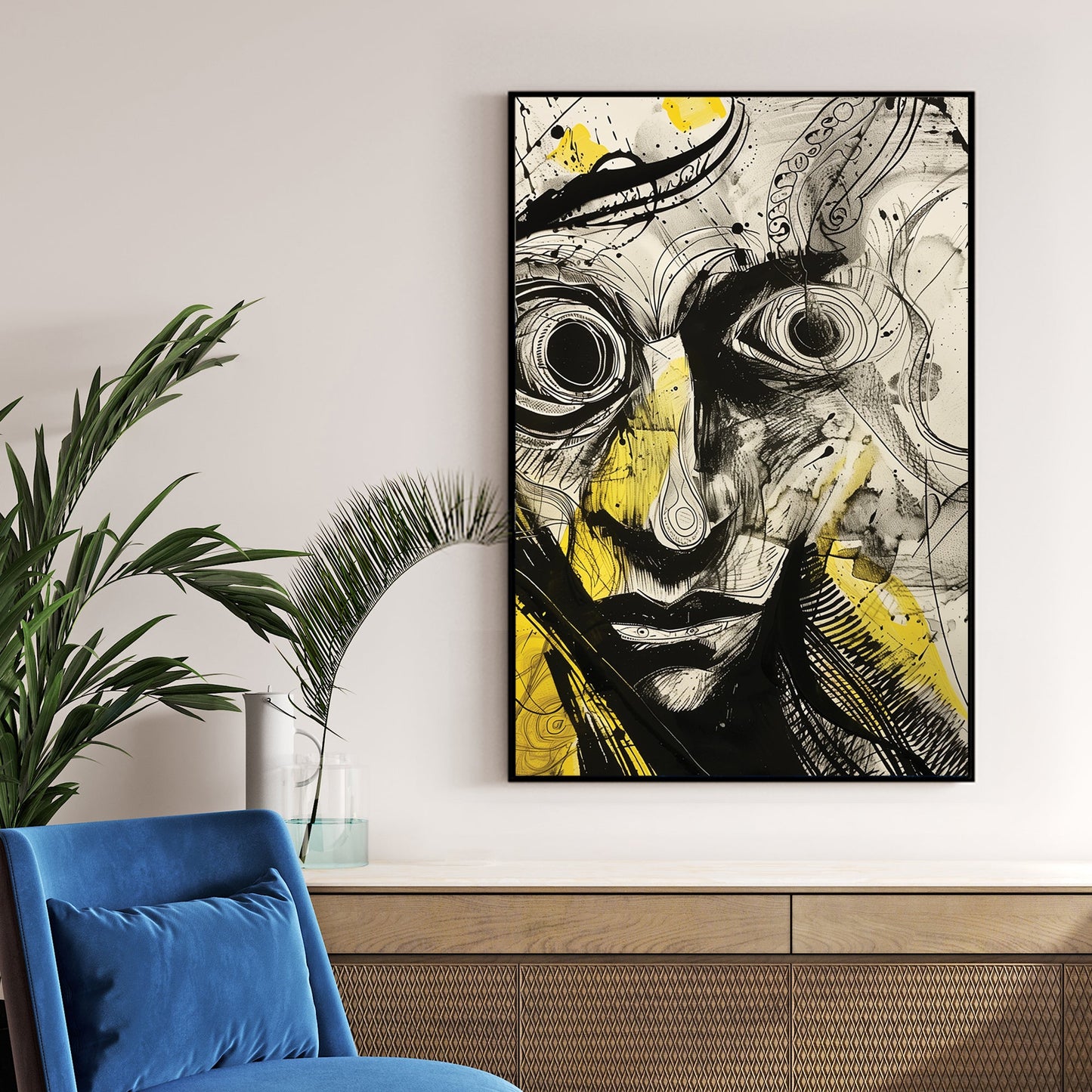 surreal abstract portrait wall art with bold black ink and yellow accents