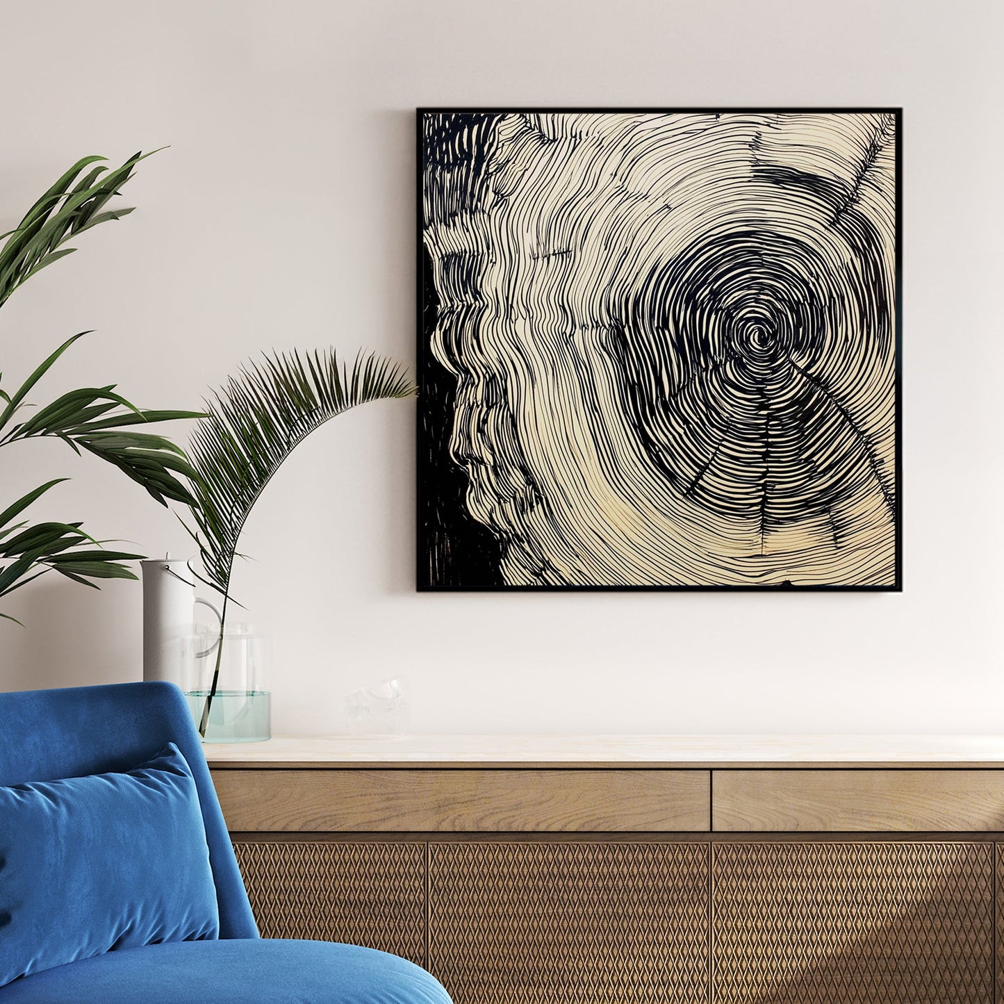 abstract tree ring ink wall art with hypnotic black line design