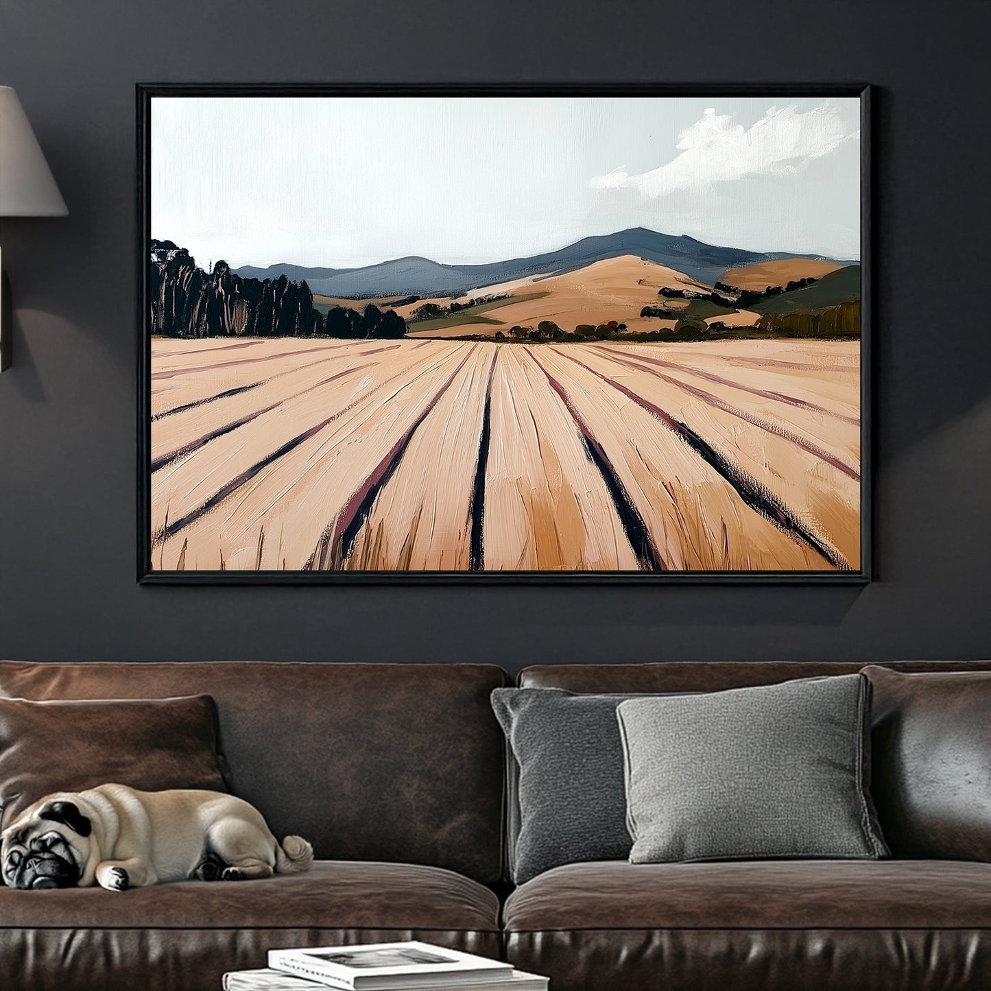 textured landscape field and mountain wall art with pale sky