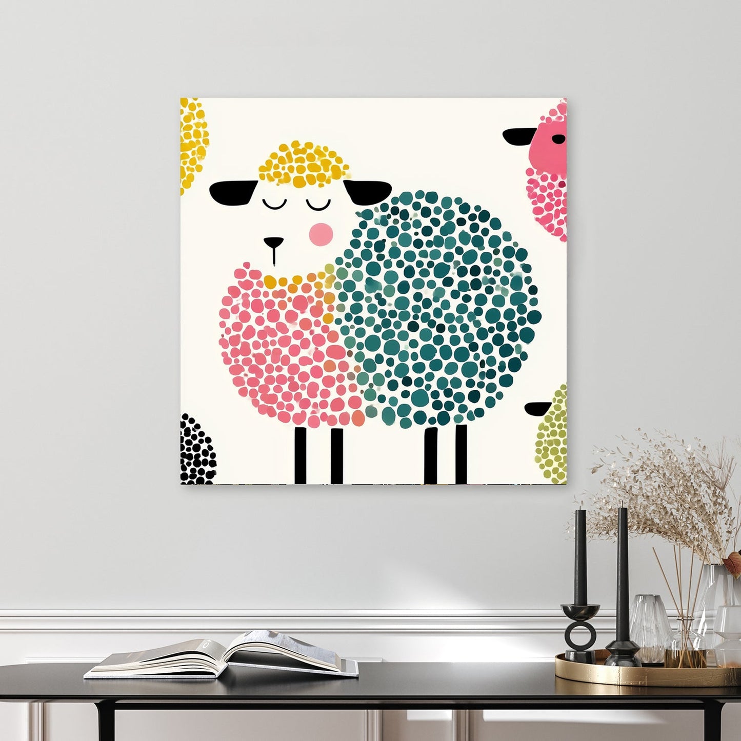 playful cartoon sheep wall art with pastel dot patterns