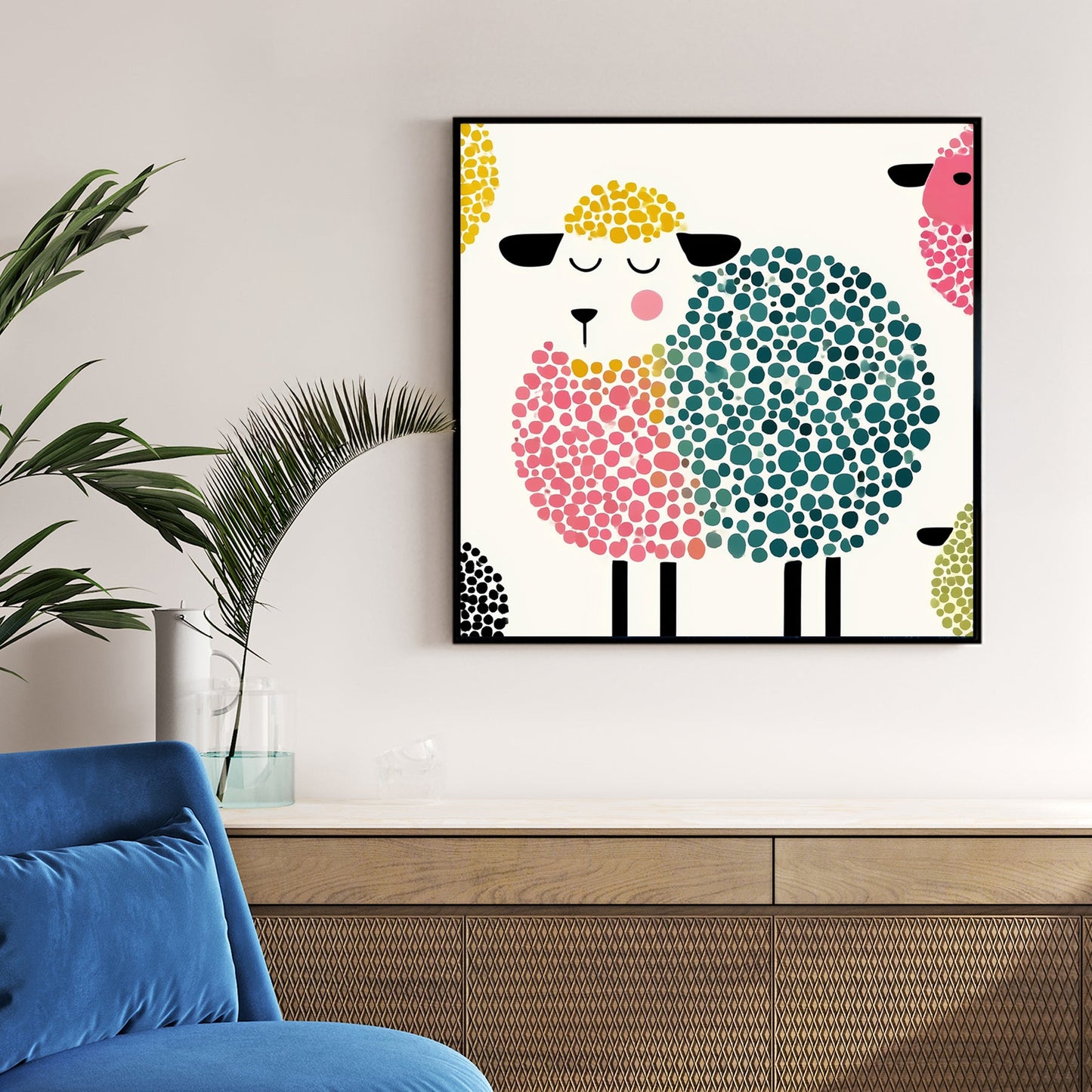 playful cartoon sheep wall art with pastel dot patterns
