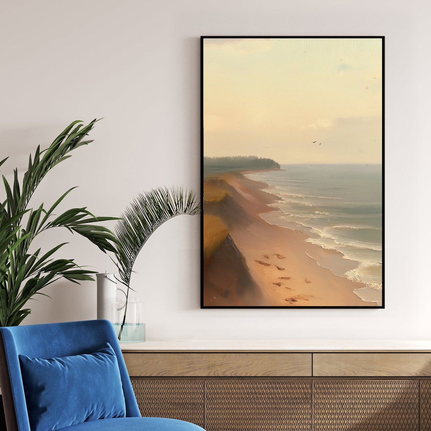 serene beach oil painting wall art with shoreline and pastel sky