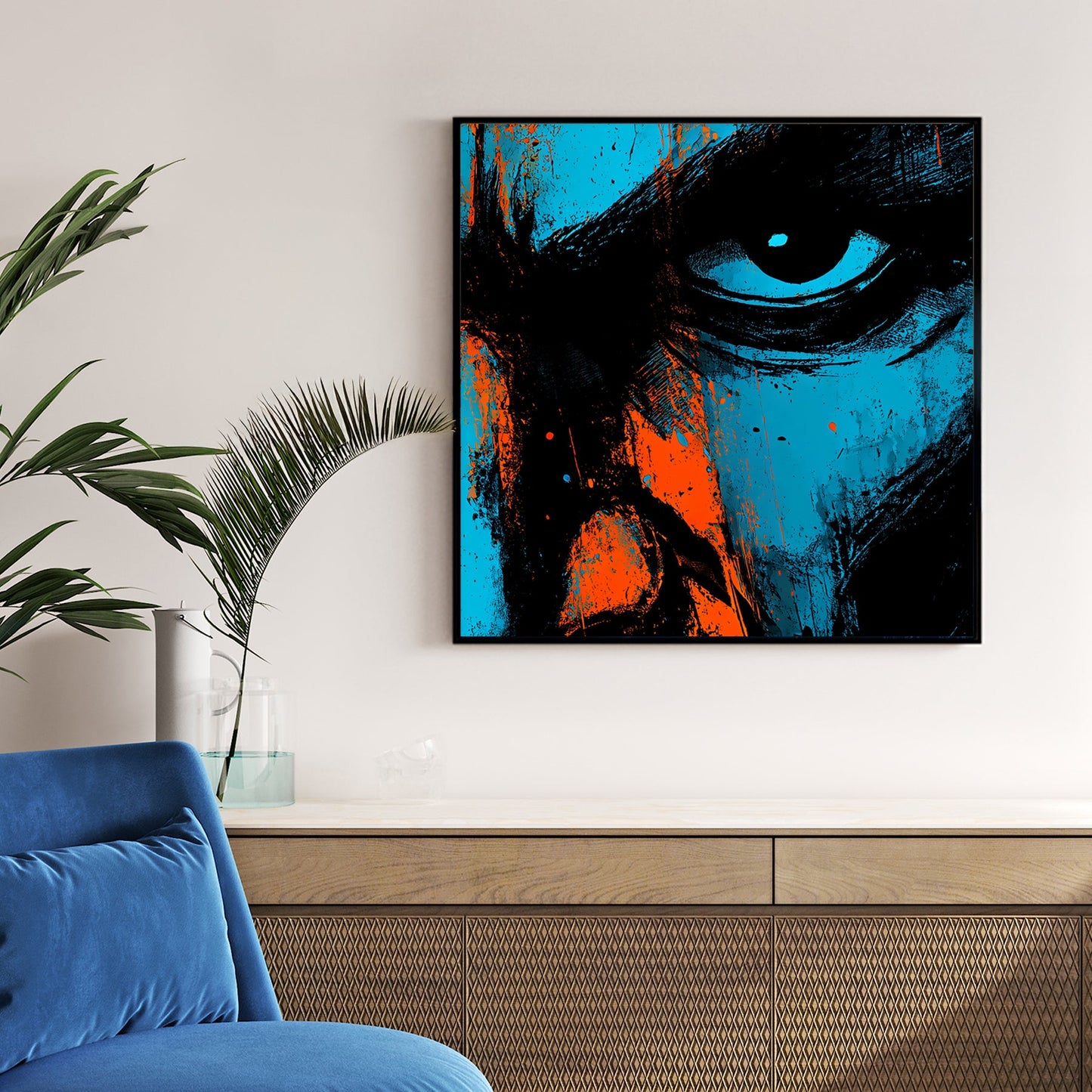 intense abstract face close-up wall art in blue and orange