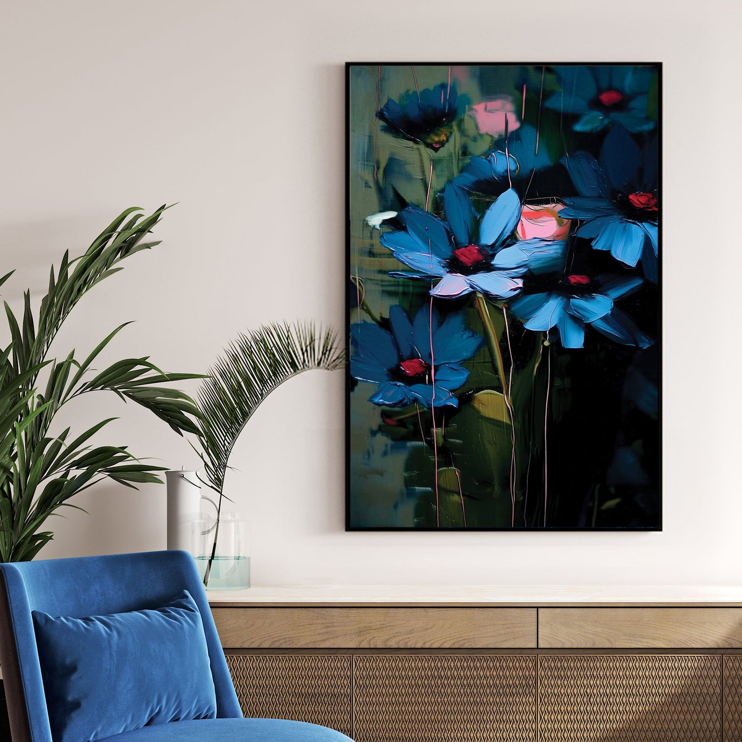 expressive wall art with blue and pink flowers in abstract brushstrokes