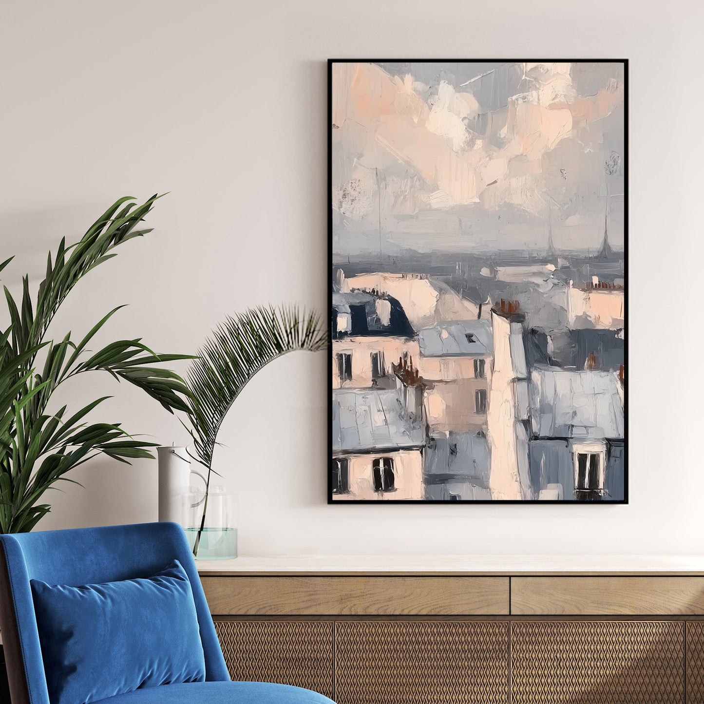 impressionistic wall art of soft pastel rooftops in a European cityscape