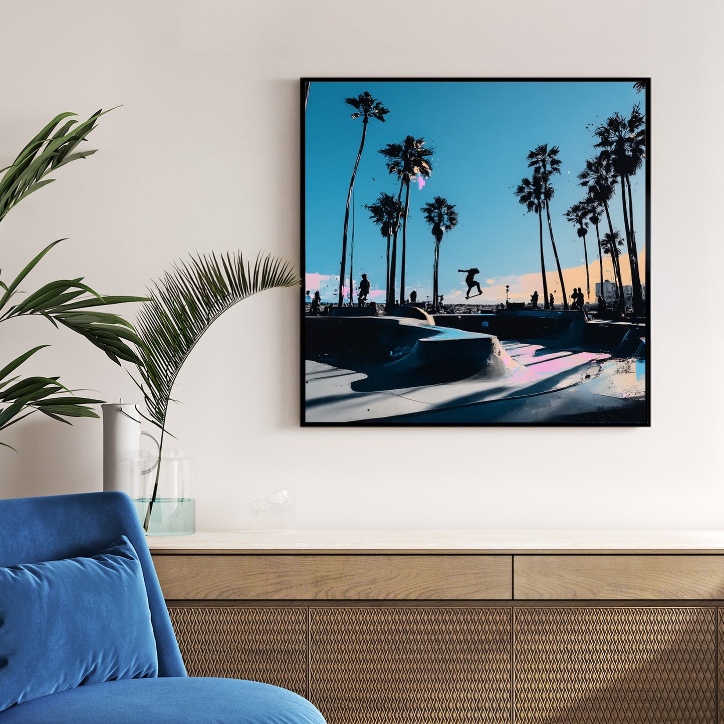 Venice Beach skateboard wall art with palm trees and colourful sky