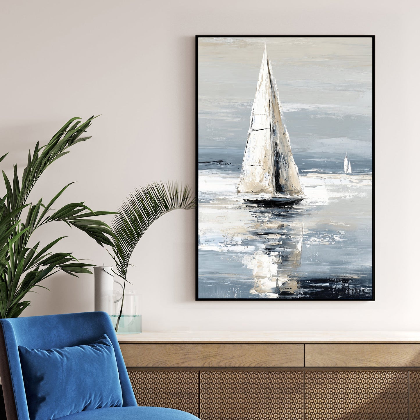 Minimalist sailboat wall art in soft neutral tones