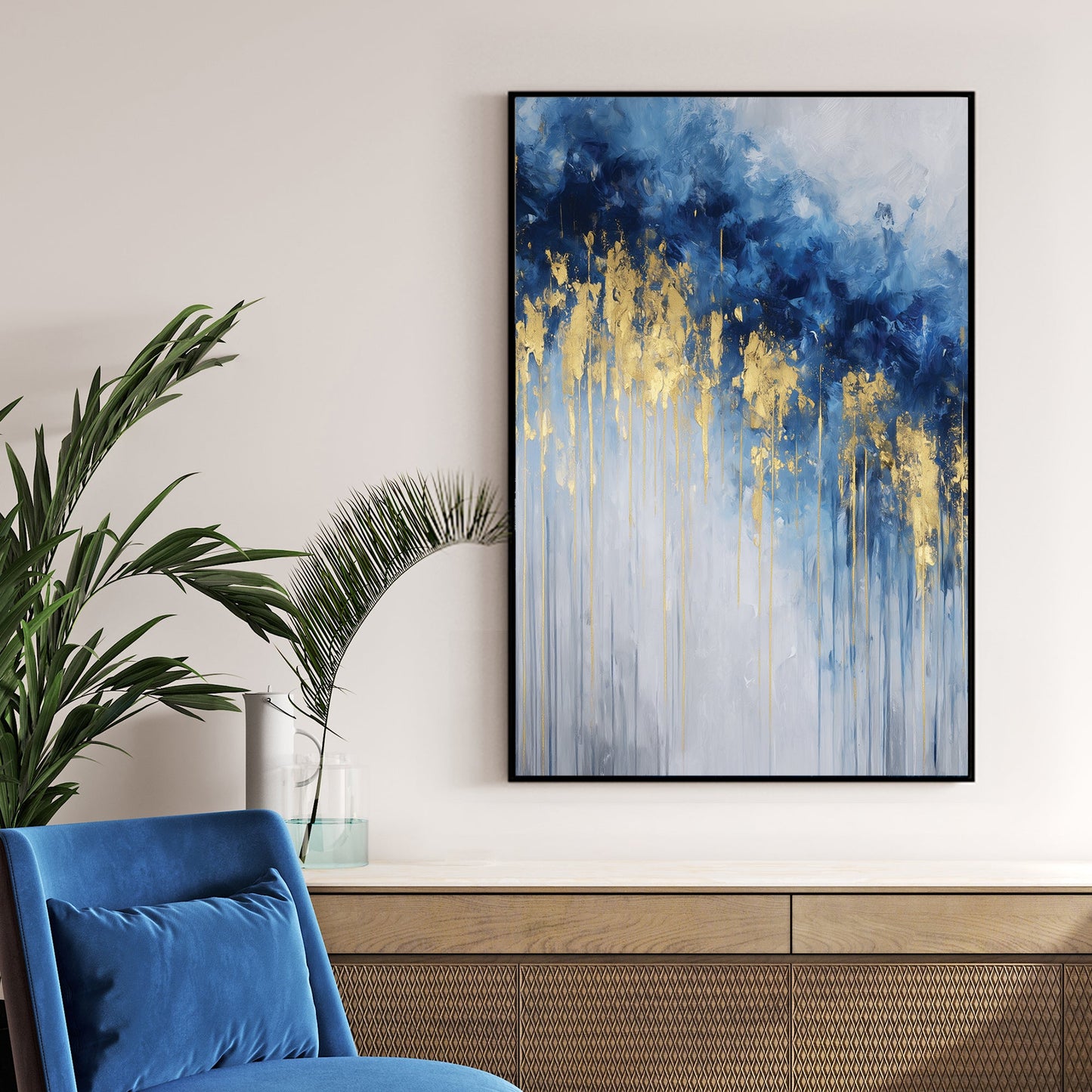abstract gold and blue drip effect wall art